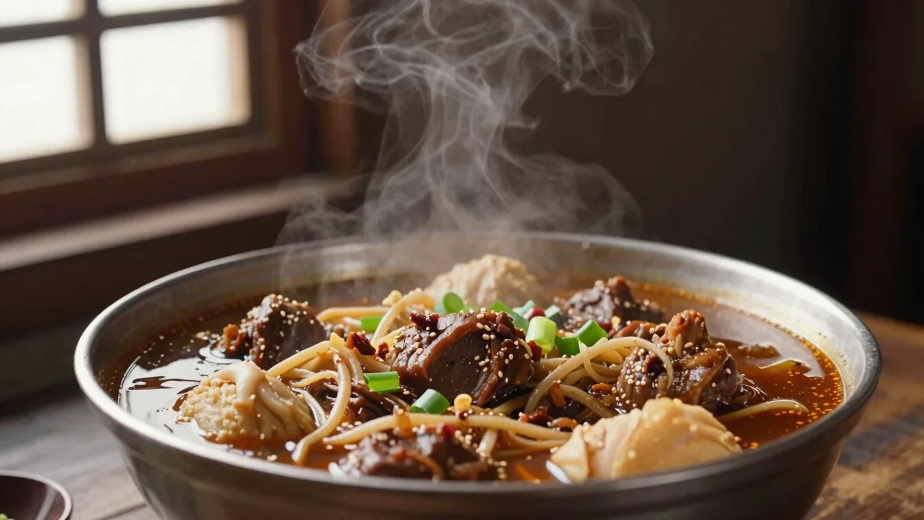 Steaming bowl of traditional comfort food, rustic setting, natural side window light, rich tones.