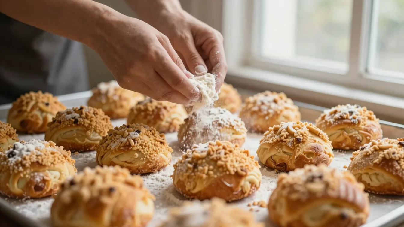 Golden-crusted baked good, hands dusting flour, natural side window light, shallow depth of field.