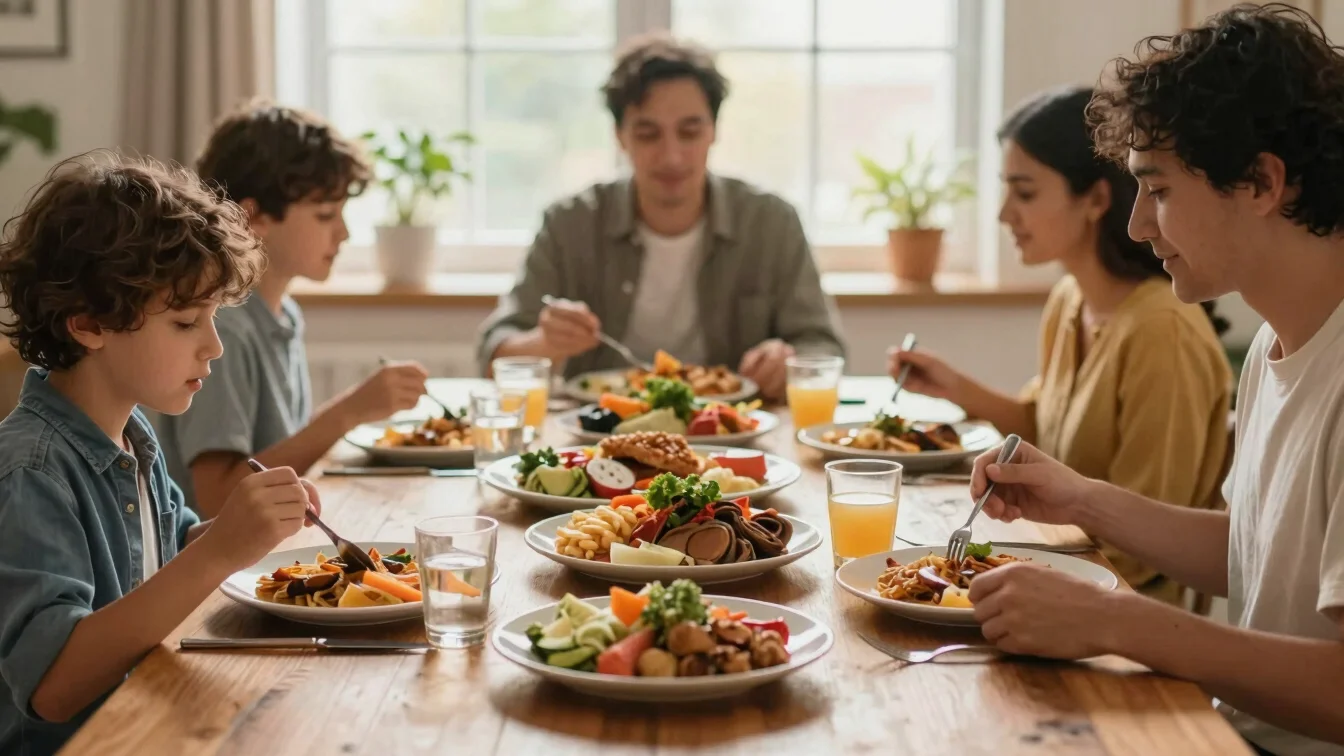 Family meal served on a wooden table, warm, inviting atmosphere, natural light.