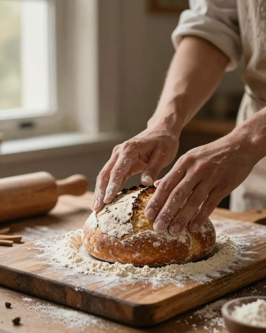Warm editorial food photography of hands dusting flour over an artisanal loaf on a dark wooden board, soft natural side