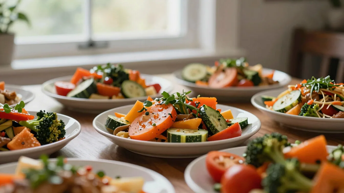 Freshly prepared weeknight dinner, vibrant vegetables, natural side window light, shallow depth of field.